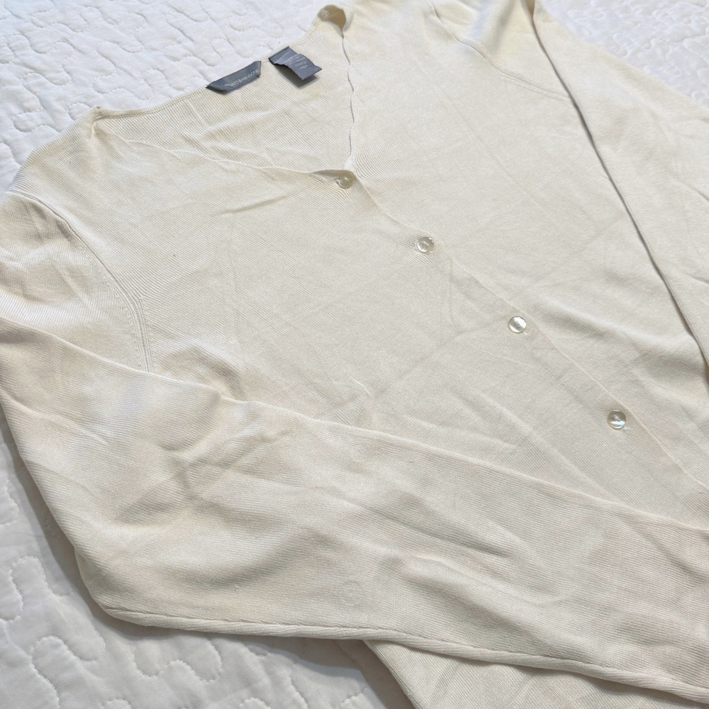 Hillard & Hanson Womens Medium Cardigan Cream Silk Blend Ribbed V-Neck Button Up